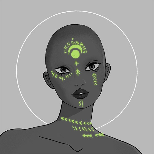 a mage-script-woods face-markings fit for a witch