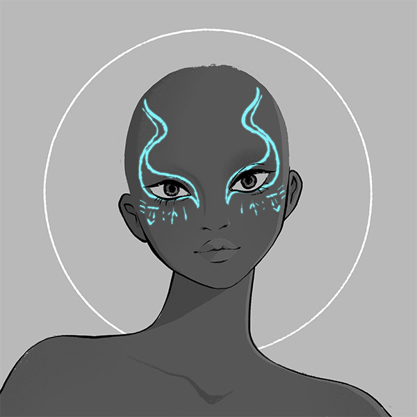 a mage-script-serpent face-markings fit for a witch