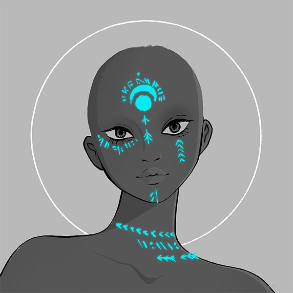 a mage-script-woods face-markings fit for a witch
