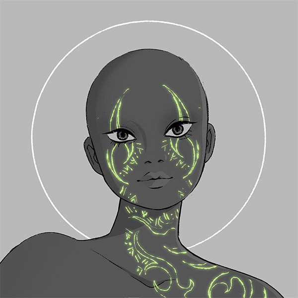 a mage-script-demonic face-markings fit for a witch