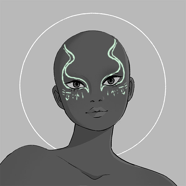 a mage-script-serpent face-markings fit for a witch