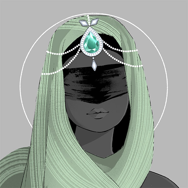 a jeweled-hood-covered hair-bangs fit for a witch